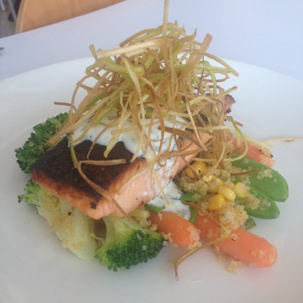 Wow... Just amazing dish for lunch: pan-seared salmon + quinoa + baby veg + minted yoghurt sauce