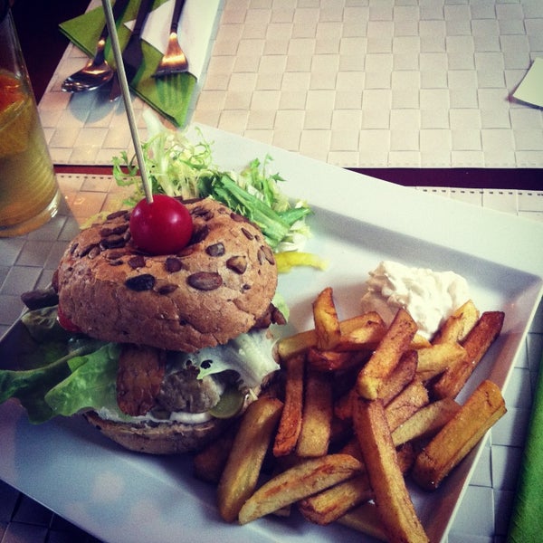 Lovely vegan burger with homemade french fries