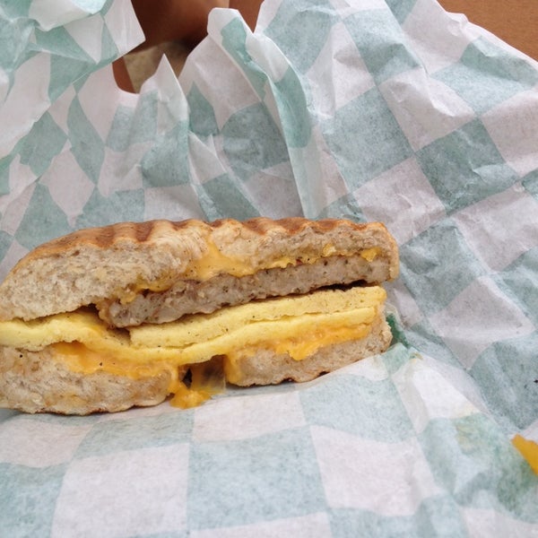 "The Hank", a new favorite. Egg, sausage, and cheddar cheese on a wheat bagel