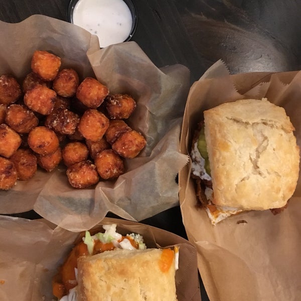Fave: biscuit sandwiches, sweet potato tots; Skip: hot chocolate biscuit