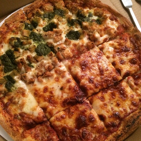 The pizza is delicious, but never order half/half pizzas. It's our second time of half cheese and half chicken pesto and looks how it comes... I think that there is more cheese than chicken pesto.