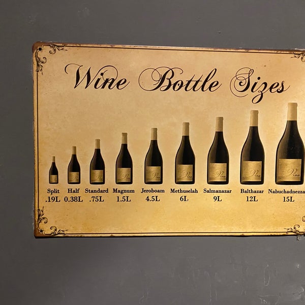 Wine bottle sizes. Find this sign behind the toilet door. I’ve drunk Magnums, but wasn’t aware there were even bigger ones (with names!). Eg. Nebuchadnezzar is 15-litres, 10x a Magnum!