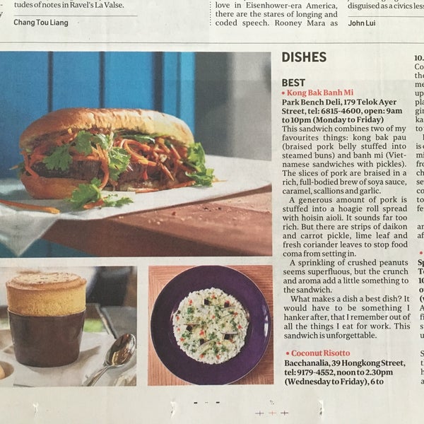 Coconut Risotto is recipient of Sunday Times Best Dishes of 2015, together with Kong Bak Banh Mi from Park Bench Deli (179 Telok Ayer St), & Salted Caramel Soufflé by Spago (level 57 Tower 2 of MBS)