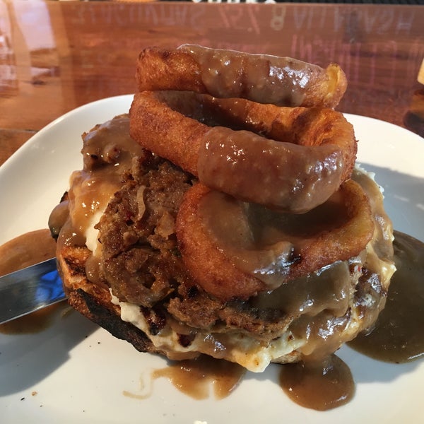 This was a great "sandwich." Meatloaf Open: Sourdough, mashed potatoes, gravy, meatloaf, onion rings. Make time for a nap...