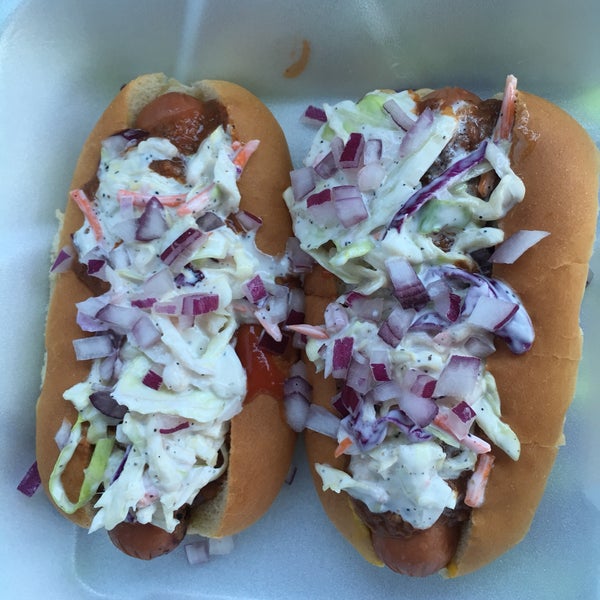 Hot dog all the way with onions chili and slaw! Less than $2!! Absolutely love this new lunch spot!