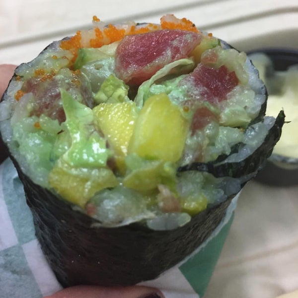 Sushi burrito with spicy tuna, mango, wasabi & shrimp