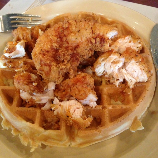 Getting the chicken tenders on the waffle may not be traditional, but you get way more meat and its easier to eat.