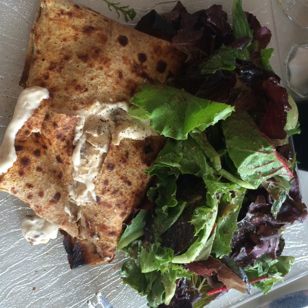 Whole wheat crepe with mushrooms and goat cheese