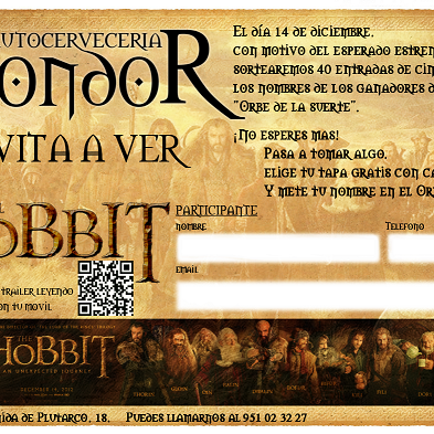 El día 14 de diciembre se estrena El Hobbit.En Gondor sorteamos 40 entradas para que la podais ver gratis.Ven a Gondor,tomate algo,rellena tu participacion y disfruta esta aventura en la tierra media