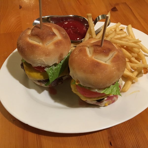 "King" burger for 2 with quail eggs, American cheese, lettuce, tomatoes, special sauce. Served with french fries. Just 18 bucks! Yummy!
