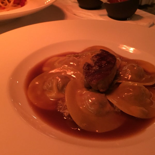 Homemade ravioli filled with duck mousse, Savoy cabbage and goose liver - Must try!