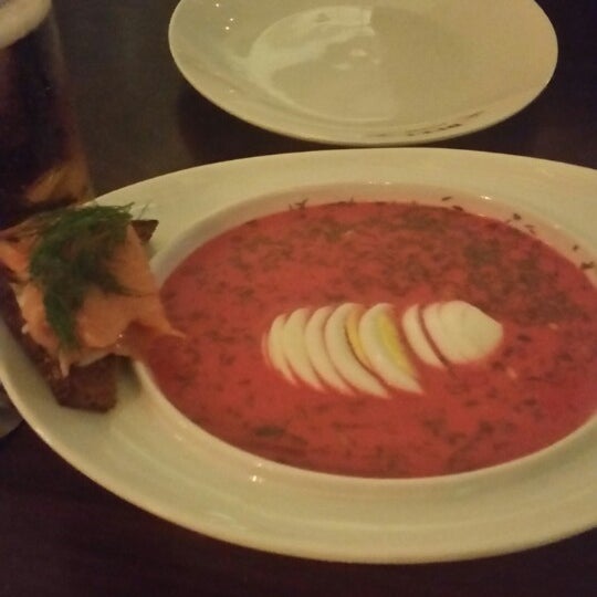 Their cold borscht, nicely presented with a side of smoked salmon on toast. Nice touch. Better than Veselka's but my cold borscht ideal hunt continues...