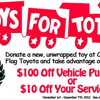Donate a new, unwrapped toy at Checkered Flag Toyota for Toys For Tots and take advantage of $100 off a vehicle purchase or $10 off your service bill!