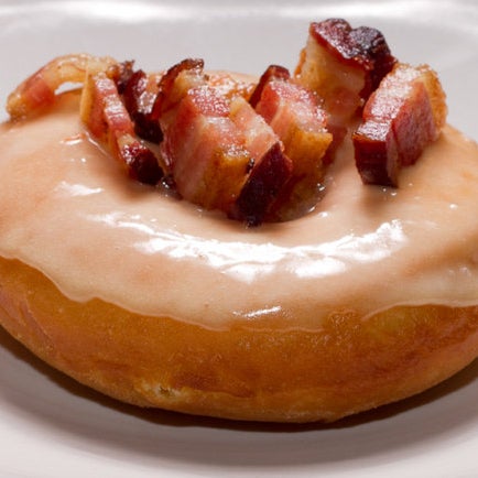 Start your day with some biscuits and lamb sausage gravy. Bacon-studded maple doughnuts are also available...