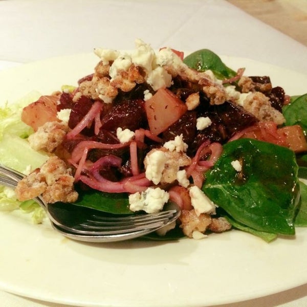 Beet salad-mixed greens, baked beets, pear, caramelized walnuts and blue cheese make it so delicious