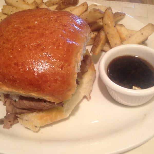 Had the Prime Rib sandwich. Yummy buttered, toasted brioche bun and au jus.  Fries were really good. Portions were large. The silverware was THE cleanest I have seen in a restaurant! Server very nice!