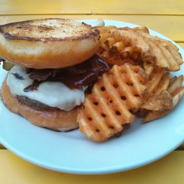 The Doh! Nut - Burger with American cheese & chocolate covered bacon on a glazed dount bun