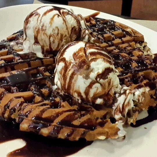 Waffle with chocolate syrup and vanilla ice cream is great. Very heavy. Go for it if you have a sweet tooth .