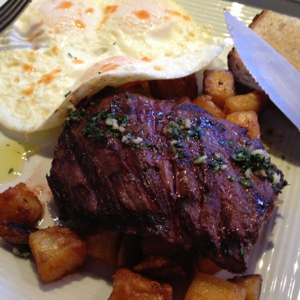 The steak & eggs with chimichurri is pretty great. $9.99. Service was warm and attentive. Food came out pretty quickly, but the kitchen wasn't very busy.