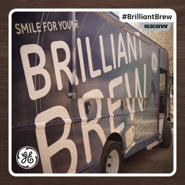 Hello and welcome fellow geek to #BrilliantBrew at #SXSW! Watch, tweet or instagram in wonder as the Barista Bots make your face famous in the foam.