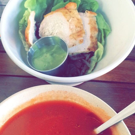 Tomato basil soup, lettuce cups and Caesar salad