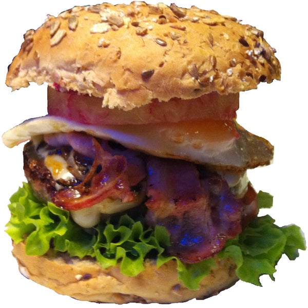 Aussie Classic Burger im Down Under, BBQ Sauce, Salat, Tomate, Zwiebelringe, Black Angus Hack, Speck, gedünstete Zwiebeln, Spiegelei, Ananas, Rote Beete auf Vollkorn