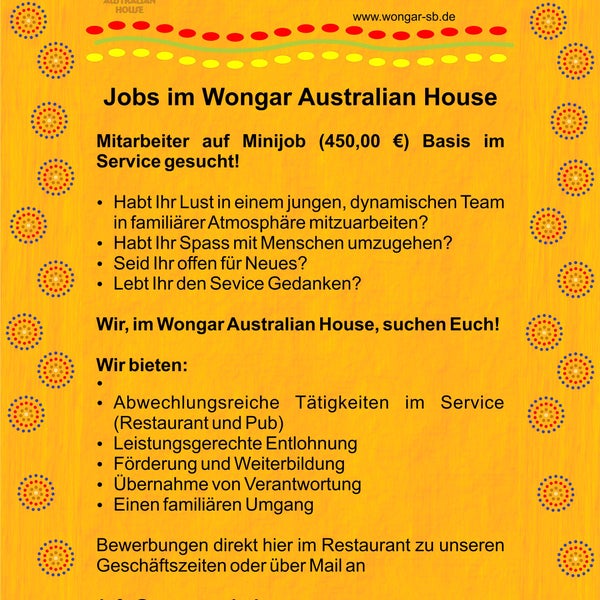 DRINGEND gesucht!! Jobs im Wongar Australian House! Mitarbeiter auf Minijob (450,00 €) Basis im Service gesucht!
