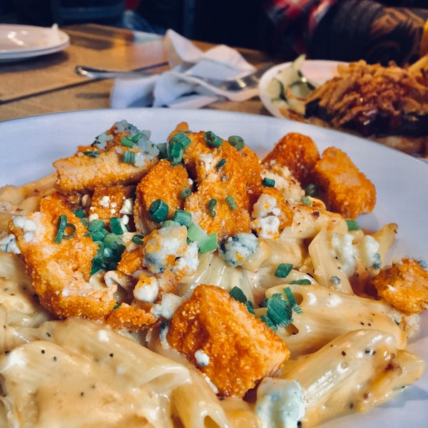 Try the:CRISPY BUFFALO CHICKEN MAC & CHEESE !An spicy cheese goodness, cheddar and bluecheese mac and cheese topped with crispy buffalo chicken