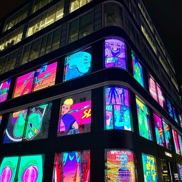 Public art exhibitions displayed on digital screens covering every window of the Flannels London Flagship store. Delivered by w1curates.com - previous exhibitions can be found online.