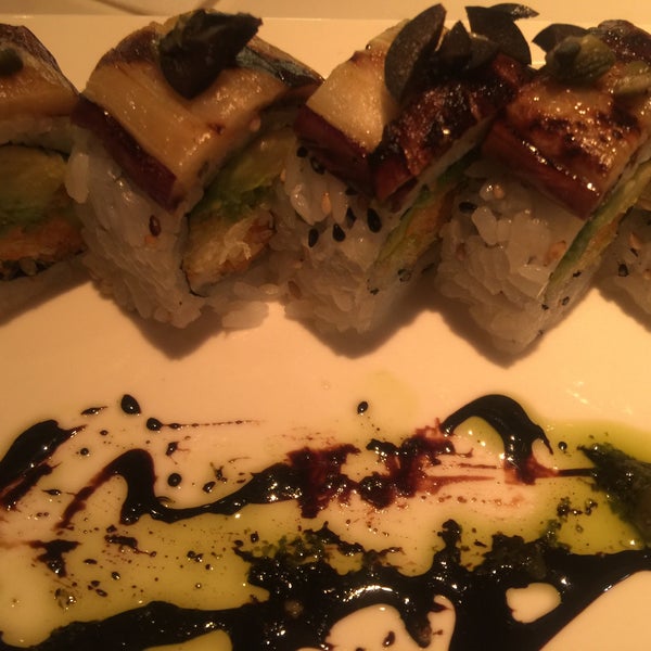 Purple Passion Roll - can taste the Japanese and Italian flavors with the capers, black olives and eggplant - dip in balsamic pesto. Provides a nice crunch + vegetarian choice.