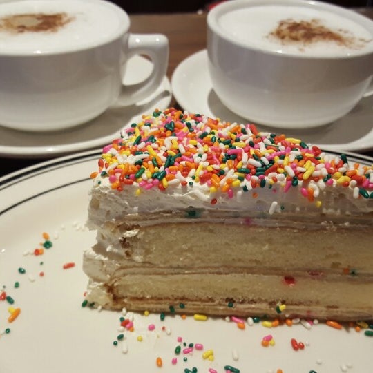 Crepe birthday cake and vanilla latte!