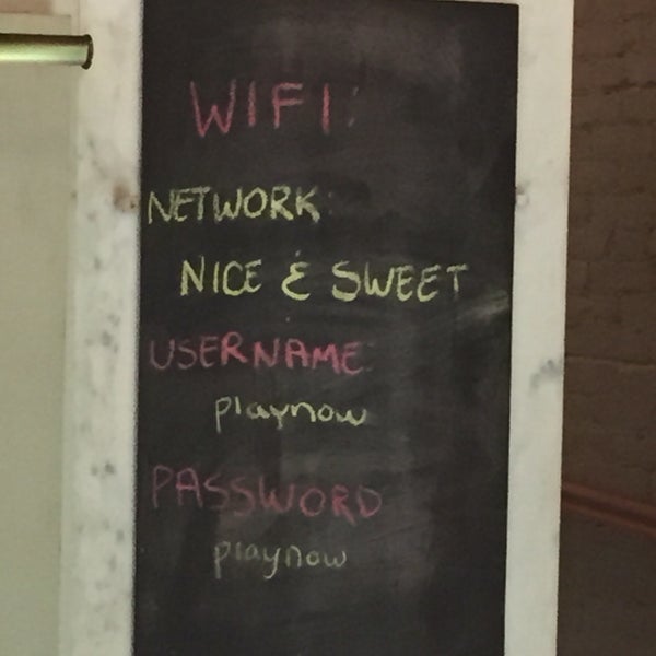 WiFi:Network: Nice&SweetUsername: playnowPassword: playnow