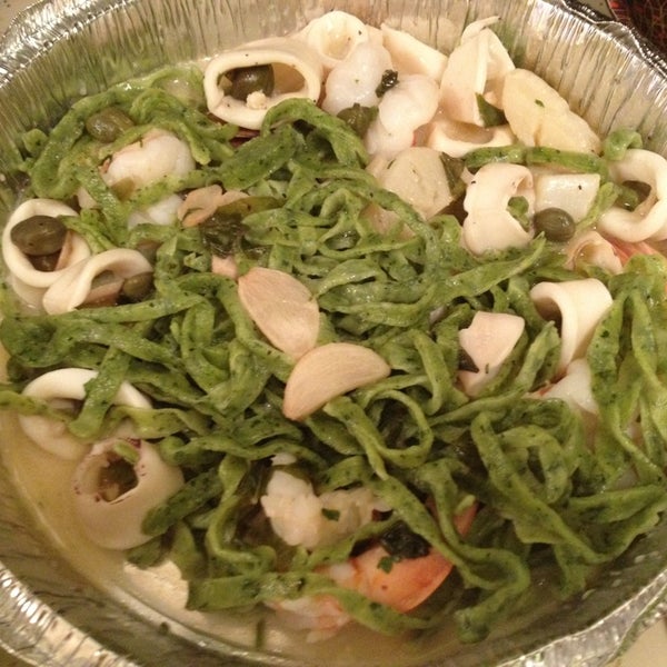 Fresh Pasta: Spinach Linguine with Scallops, Shrimp, Squid in a Caper-Garlic Wine Saucw