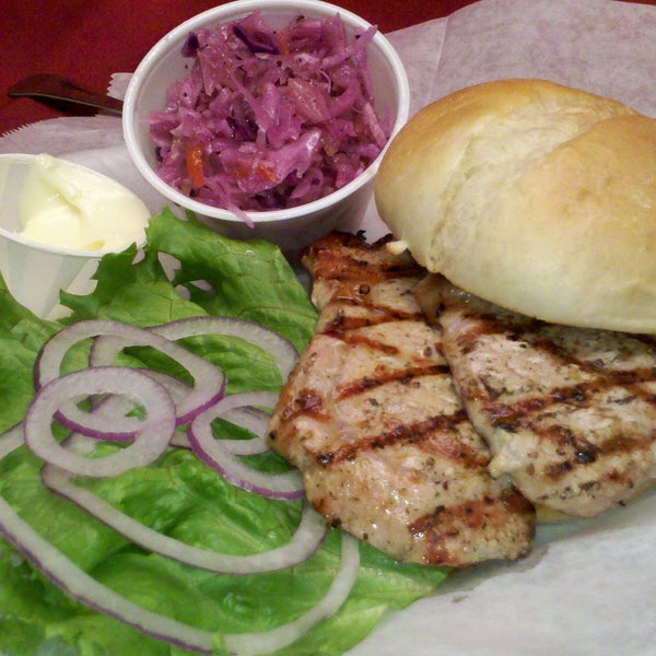 The Grilled Pork Chop Sandwich is delicious with a touch of mayo, the Boetje's mustard, red onions and green leaf lettuce. Matched up with the Cole Slaw and a local beer, it is one fantastic diner!