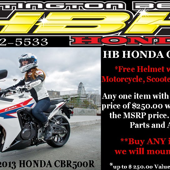 Come down and check out ALL of the NEW 2013 Honda line Motorcycles! CB1100 - CBR500R - CB500F - GOLDWING F6B - CBR600RR... Plus many more!!!
