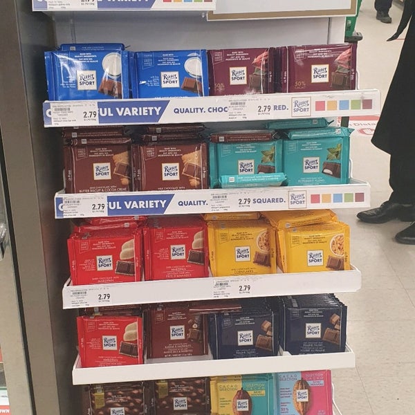 The ritter sport is cheap. 14 flavours at 2.79 or 3.49/100g