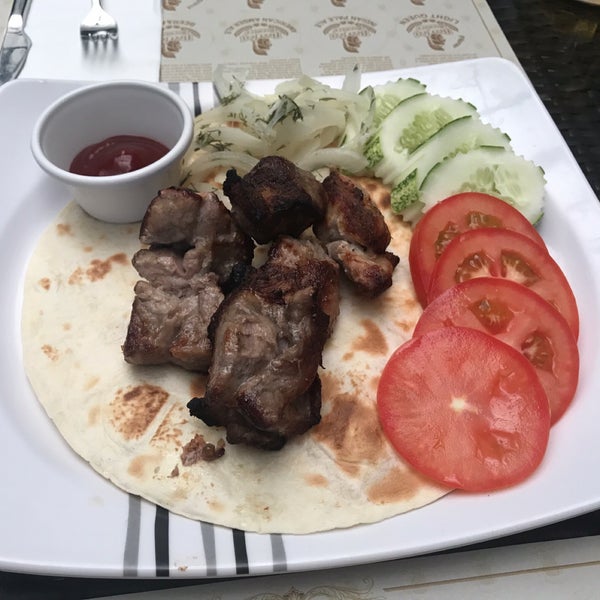 ‪The pork shashlik is not bad but it's served with... chili sauce. Dill pickled onions are nice though