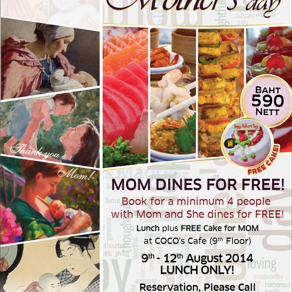 Celebrate Mother's Day with an International buffet Lunch "Mom Dines for Free" at Coco's Cafe' !!