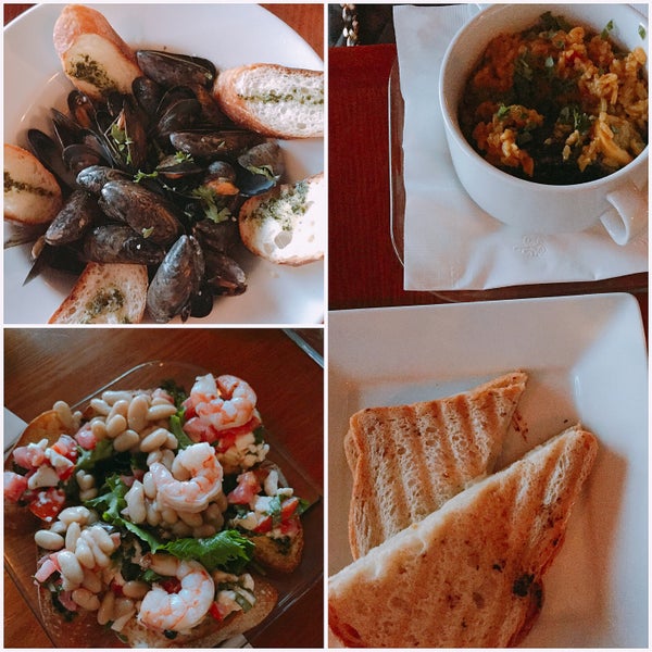 Seafood paella (too soggy), white wine mussel, bruschetta with shrimp and side of grilled cheese( not good).