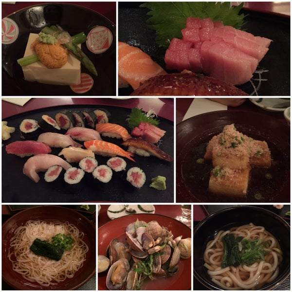 Deliciousness! App: Steamed Asari clams, Agedashi (fried tofu), Uni w/tofu. Main course: Nigiri sushi platter, Toro Sashimi, Kake udon & Inaniwa Hiyagake.