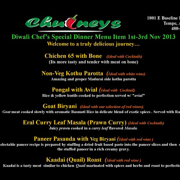 Diwali Chef's Special Dinner Menu Items (Nov 1st-3rd) 2013