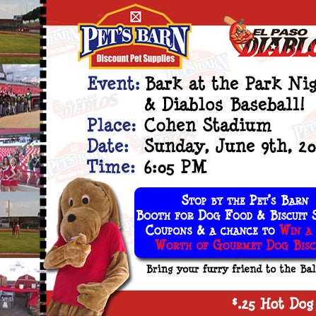 Join us for another Bark at the Park night Sunday June 9th at 6:05pm and receive coupons, samples and a chance to win a Years worth of Gourmet Biscuits!