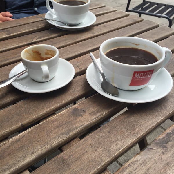 Espresso is by Mozzo. The large americano is rather, uhm, large. You could swim in this cup.