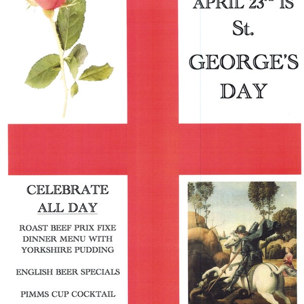 St. George's Day is this Tuesday and Cock & Bull will be celebrating all day. Beer and cocktail specials. Roast Beef with Yorkshire pudding. YUM!