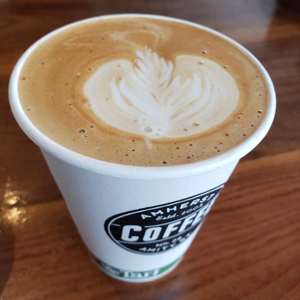 I love Amherst coffee. Try an iced cortado to keep you cool or a lemonade.. or a cappuccino to keep you warm. Grilled cheese is nice too, but therefore croissants and cookies.