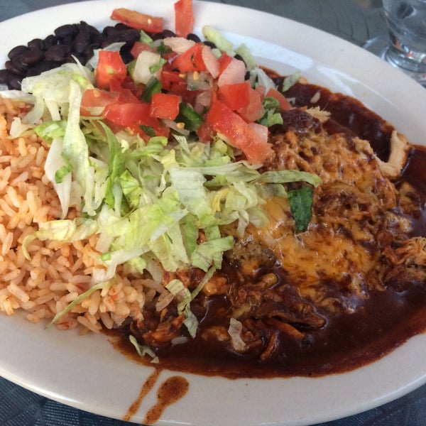 Chicken & red chile stacked enchiladas just as good as what you get in New Mexico.