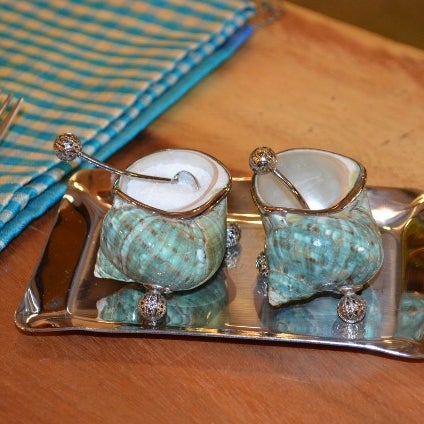 Salt & Pepper Servers made from Natural Sea Shells and lined with Silver. www.BigGrassLiving.com