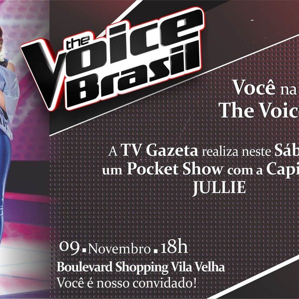 O sucesso do The Voice Brasil chega à nossa cidade na voz da capixaba Jullie do The Voice Brasil! Ela se apresentará num Pocket Show aqui no Boulevard Shopping Vila Velha, neste sábado às 18h.