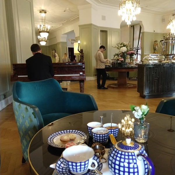 Enjoy tea served in imperial porcelain cups and pots, very beautiful. Also, medovik (honey cake) is very tasty. The hotel is very classy, with live soft piano music is the bonus.
