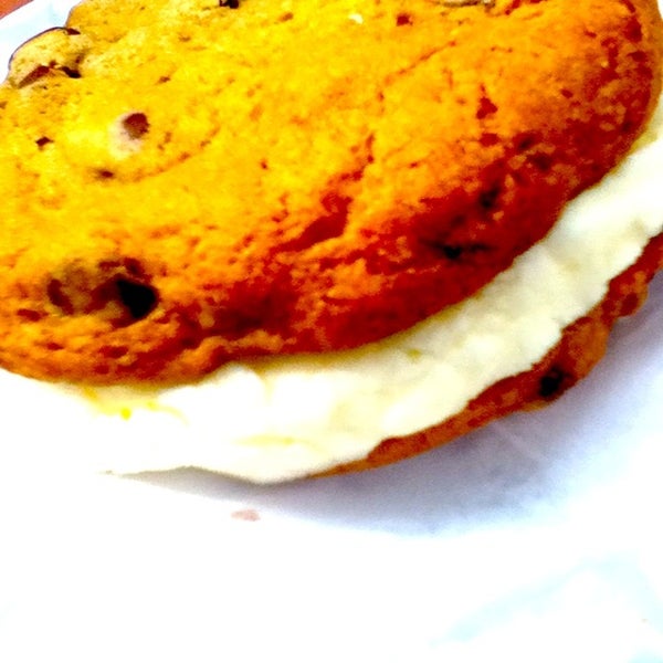 Double Doozie two soft chocolate chip cookies sandwiched together with vanilla buttercream icing in between.